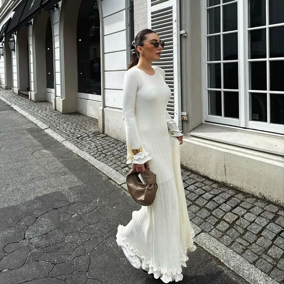 Ruffles Backless Knitted Dress - Milky