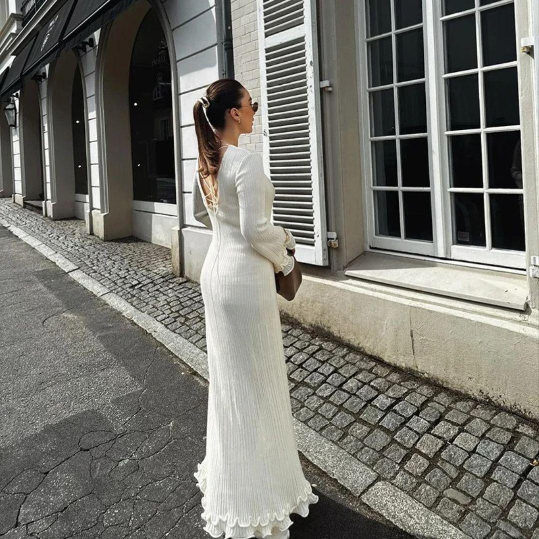 Ruffles Backless Knitted Dress - Milky