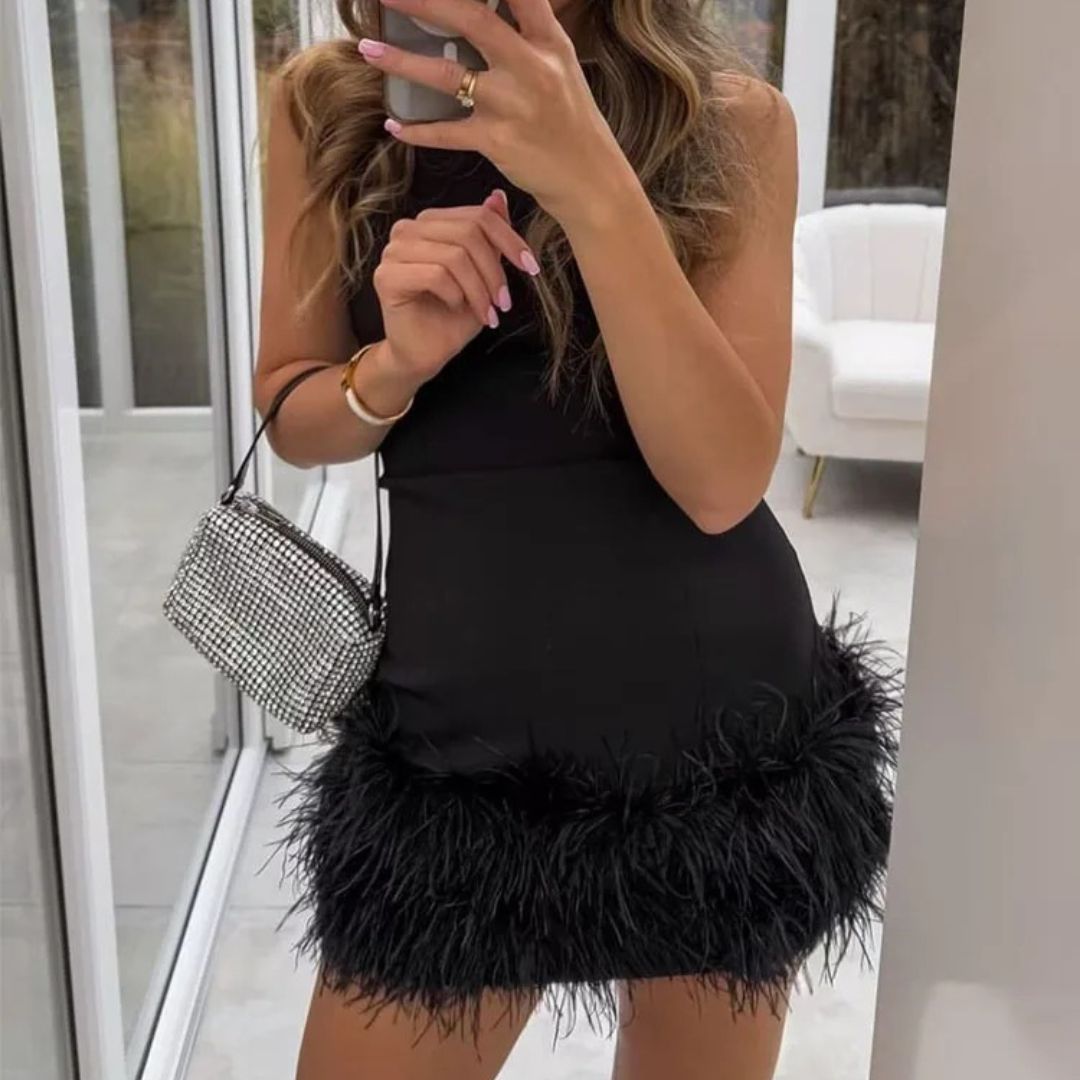Black Feather Patchwork Mini Dress