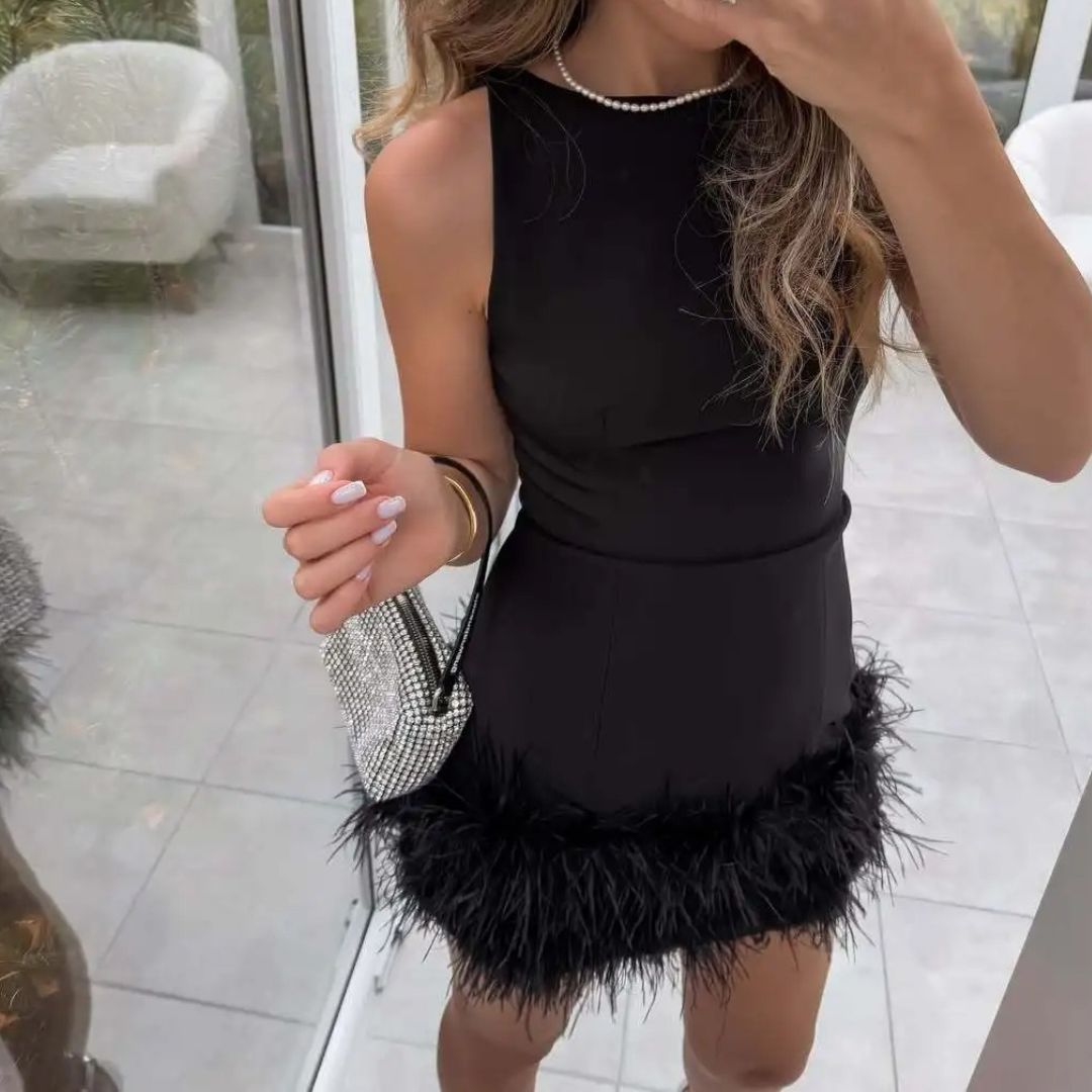Black Feather Patchwork Mini Dress